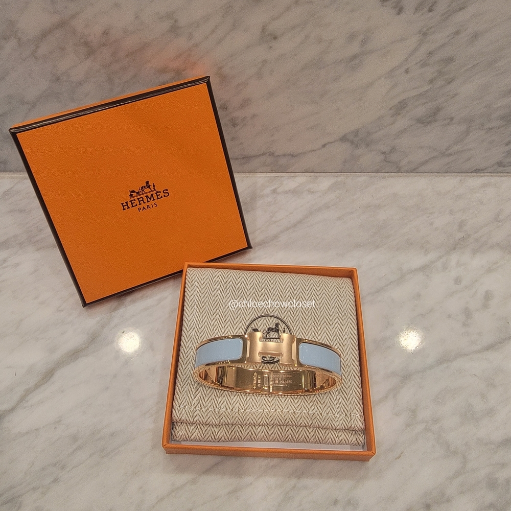 HERMES CLIC H ROSE GOLD ENAMEL BRACELET GM (BLEU POLAIRE)